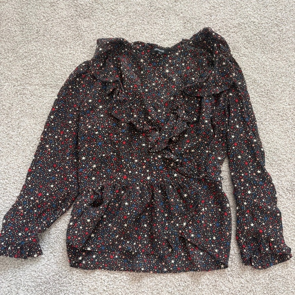 Madewell Silk Wrap Top Womens XS Black Starry Night Red Blue Celestial Patriotic